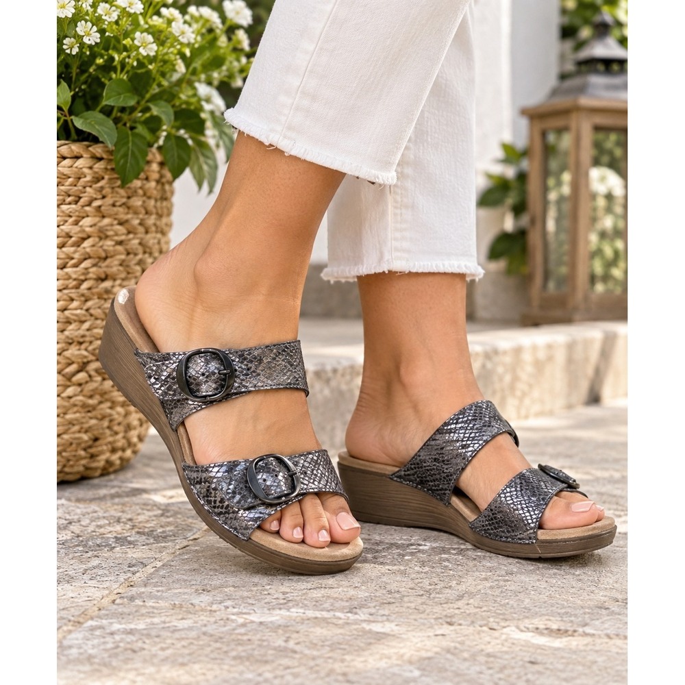 NEW Dansko Sophie Women's 38 Metallic Snakeskin Leather Wedge Sandals Boho